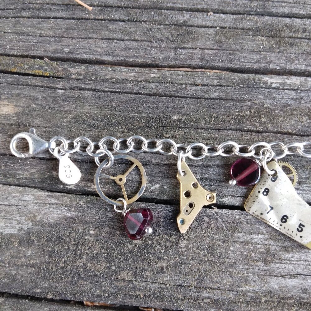 Vintage Sterling Steampunk Watch Parts Garnet Charm Bracelet - Picture 6 of 9